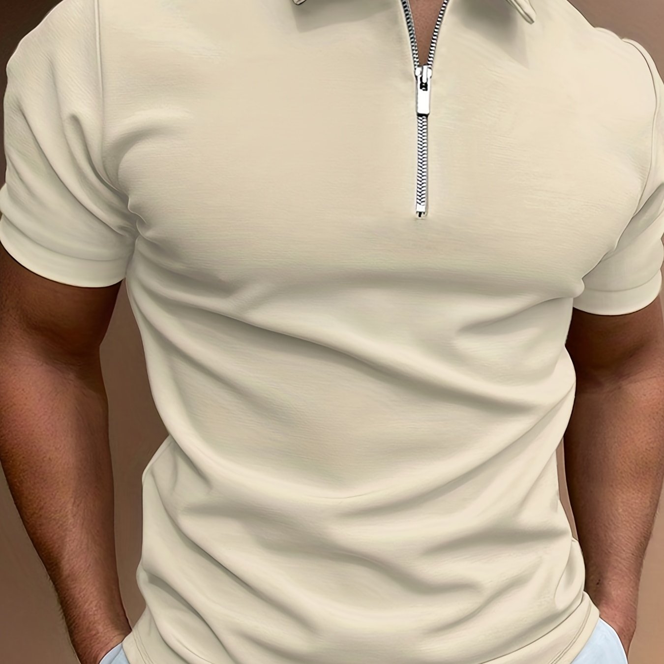 Men's White Short Sleeve Shirt with Zipper Collar Stretch Polyester Casual Golf Summer