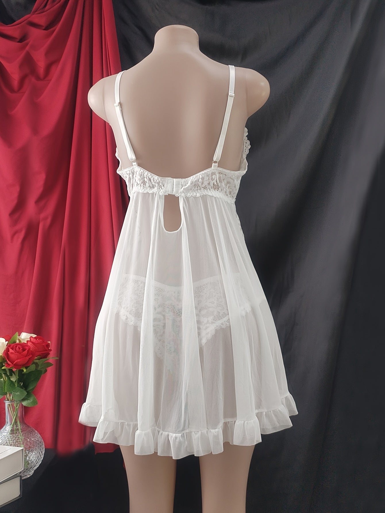 Red Lace Pajama Set for Women Strapless Top Ruffled Hem Romantic Nightwear