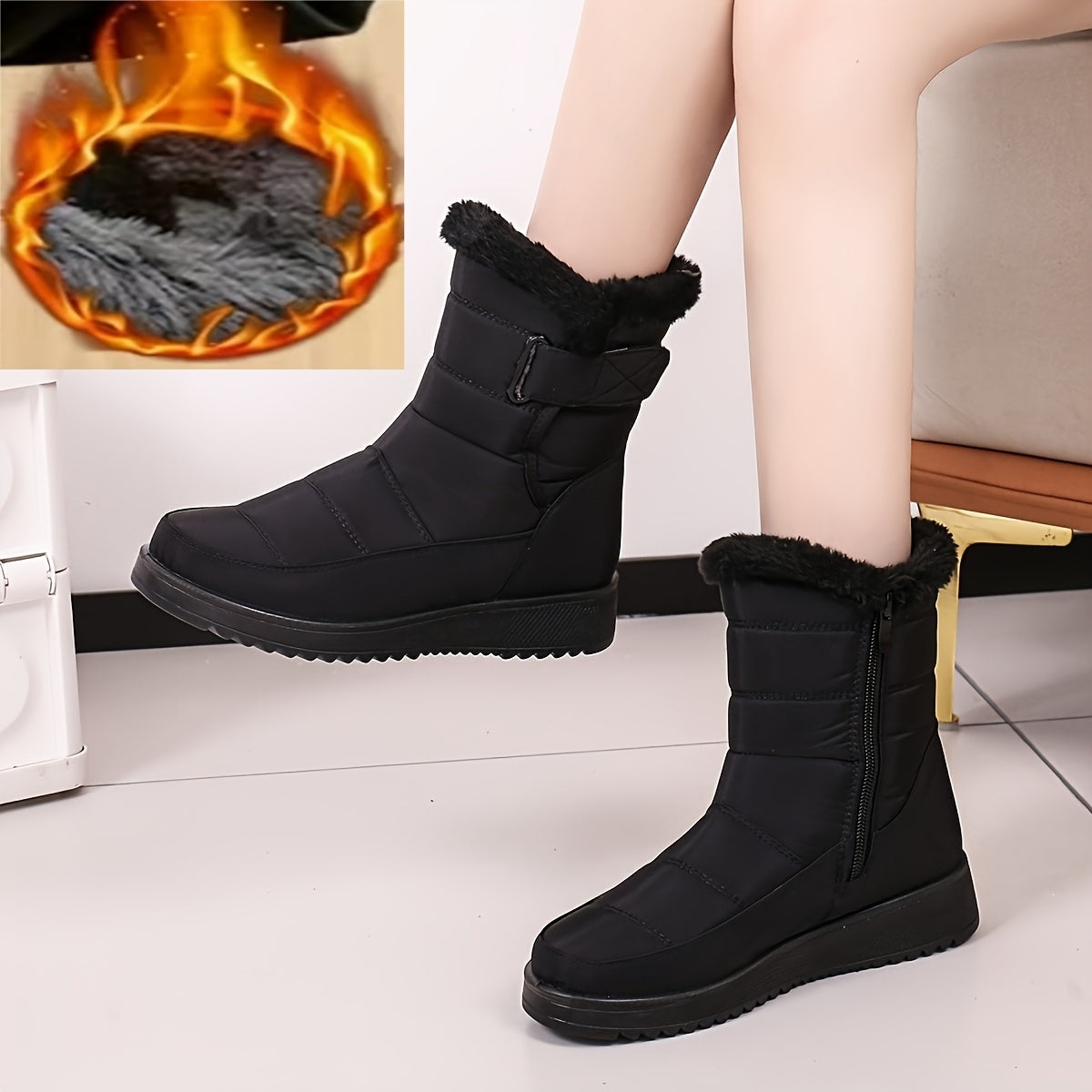Women's Mid-Calf Winter Boots Faux Fur Lined Black Snow Boots