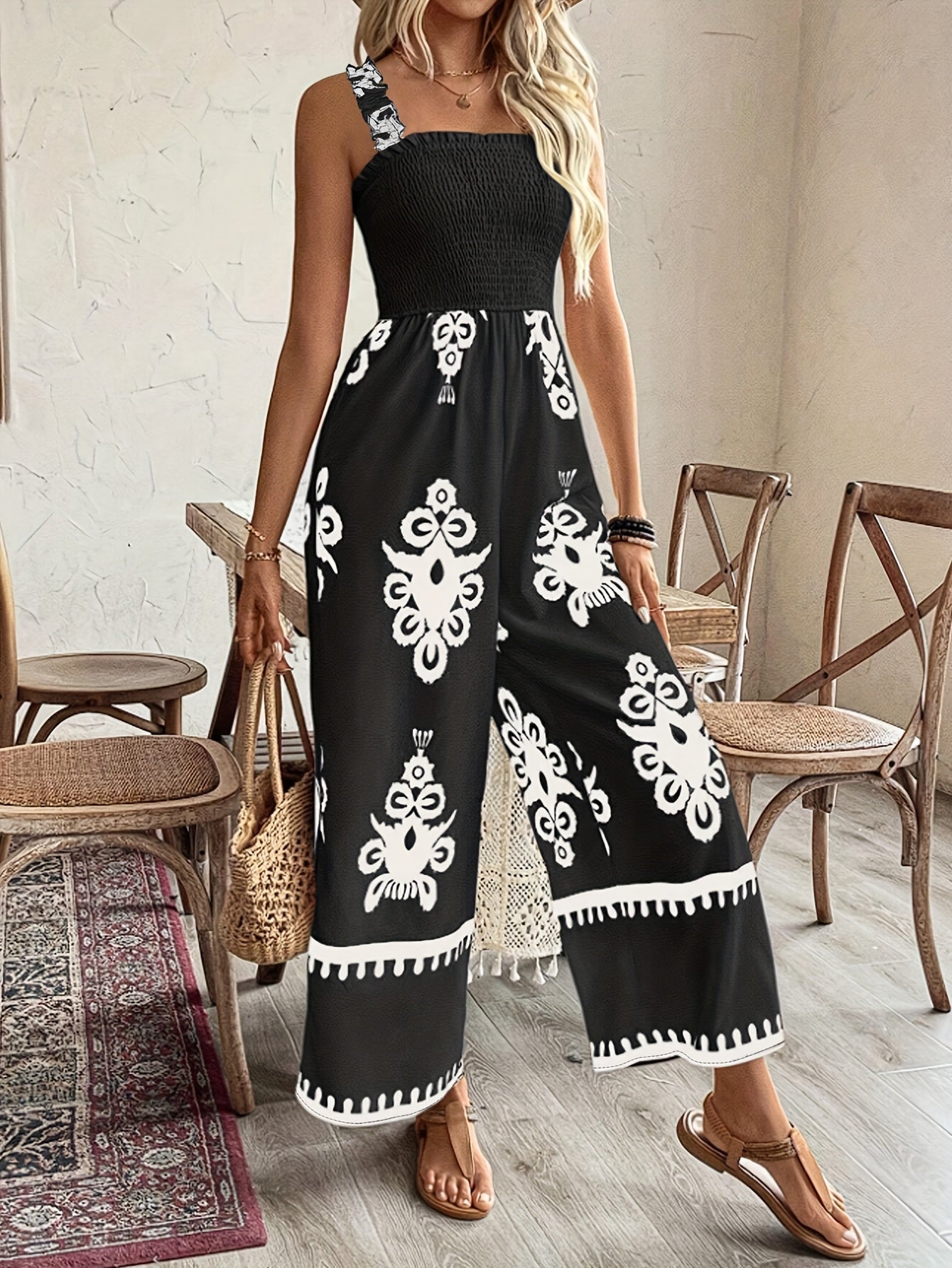 Women's Plus Size Sleeveless Floral Print Jumpsuit with Wide-Leg Pants