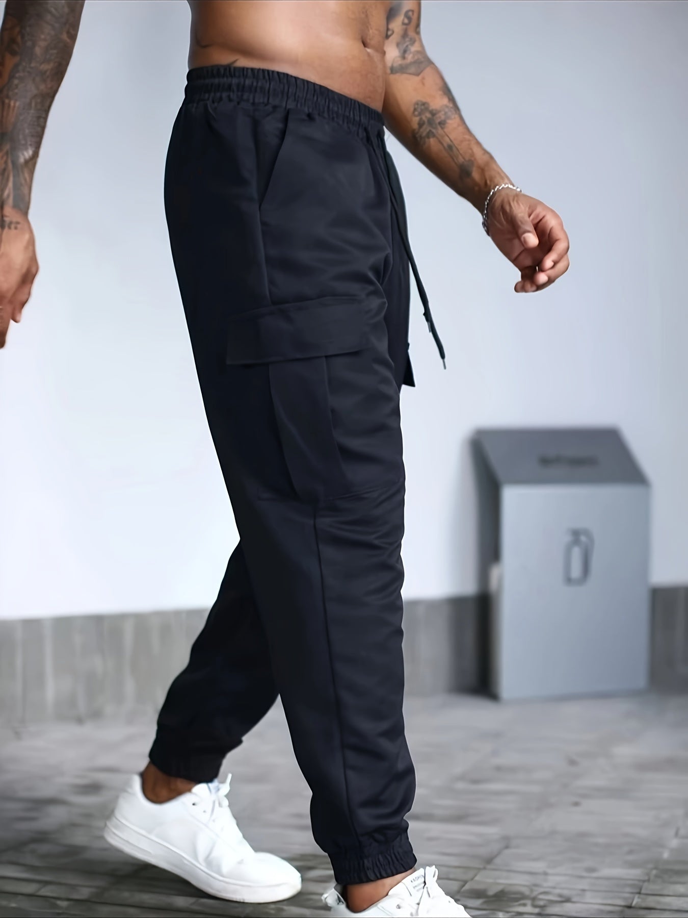 Plus Size Men's Cargo Joggers with Pockets Solid Woven Polyester Casual All-Season