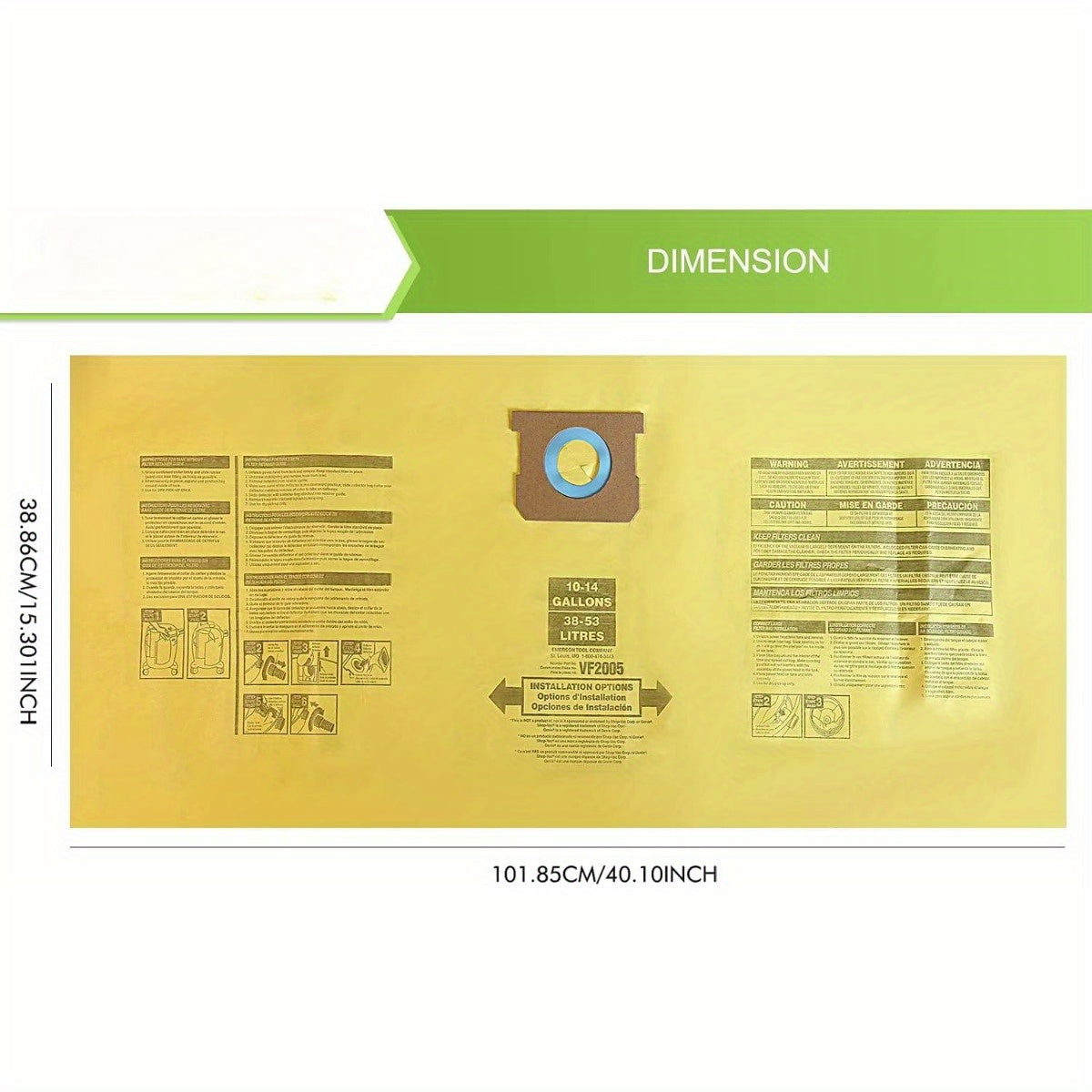 3-to'plamli nam va quruq changyutgich uchun changyutgich sumkasi, 37.85-53 litrli vakuumlar uchun, F turi
