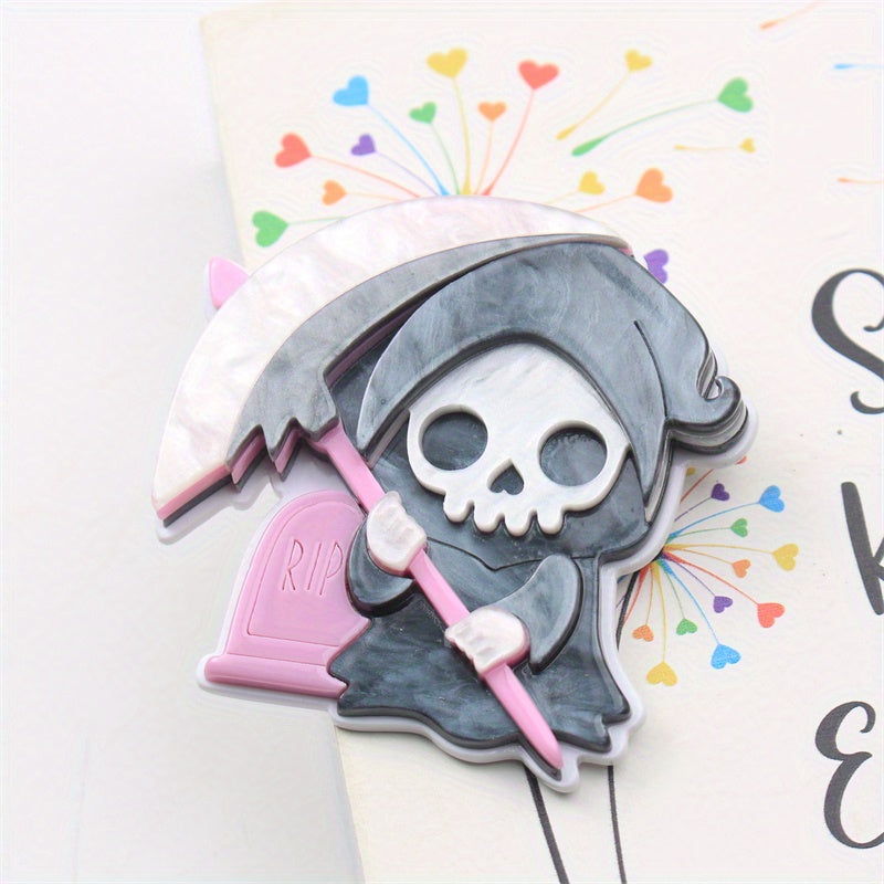 Halloween Costume Accessory Brooch, Grim Reaper Hand Scythe and Tombstone Pin, Acrylic Halloween Jewelry