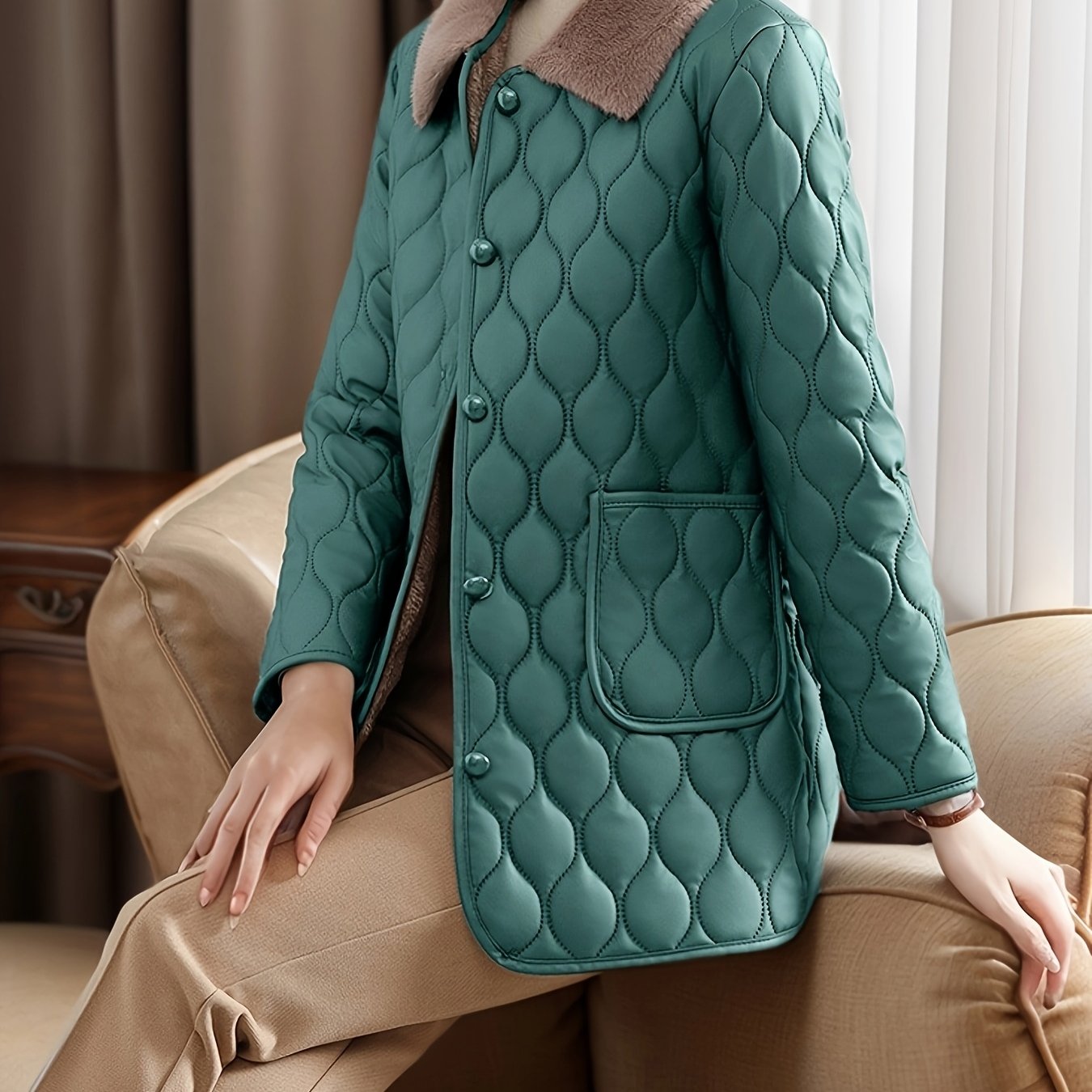 Women's Quilted Polyester Jacket with Faux Fur Collar Long Sleeve Flared Hem All-Season