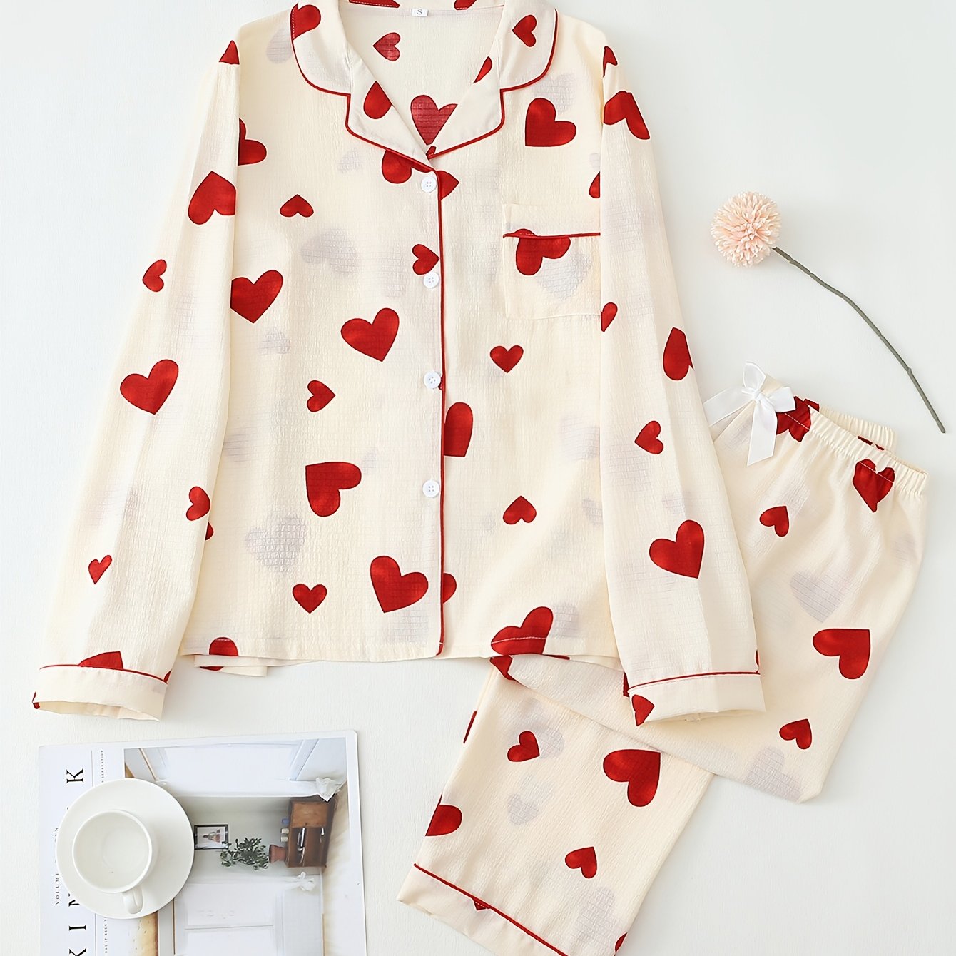 Teen Pajama Set with Heart Print Long Sleeve Top and Pants Polyester Blend for Teens