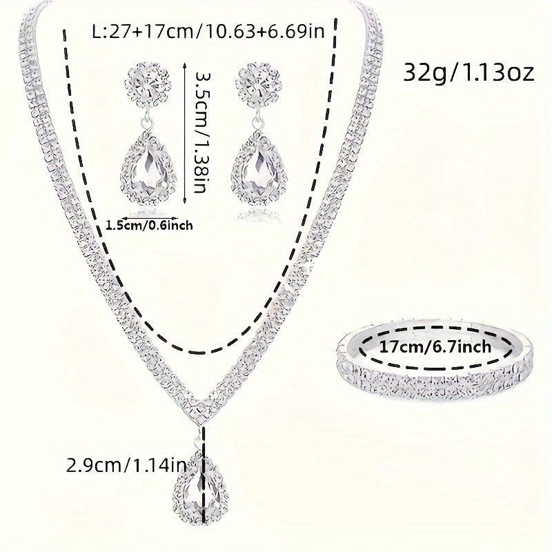 Silver Plated Copper Jewelry Set with Rhinestone Teardrop Earrings Necklace Bracelet for Women