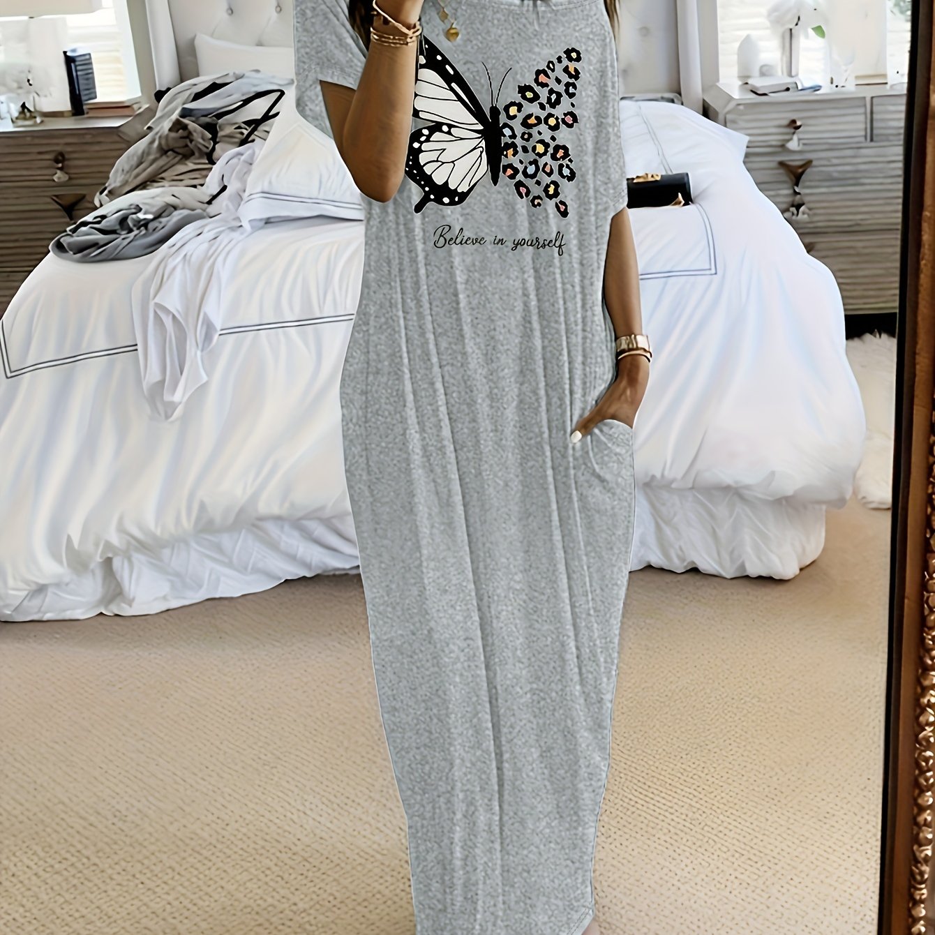 Ayollar uchun kapalak bosma lounge kiyi, qisqa qoʻl, kundalik uy kiyimi