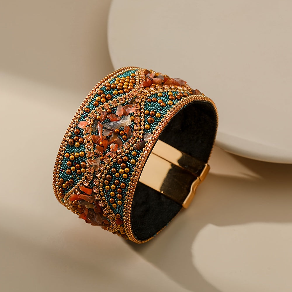 Women's Handmade Natural Stone Bead Faux Leather Bracelet with Magnetic Clasp