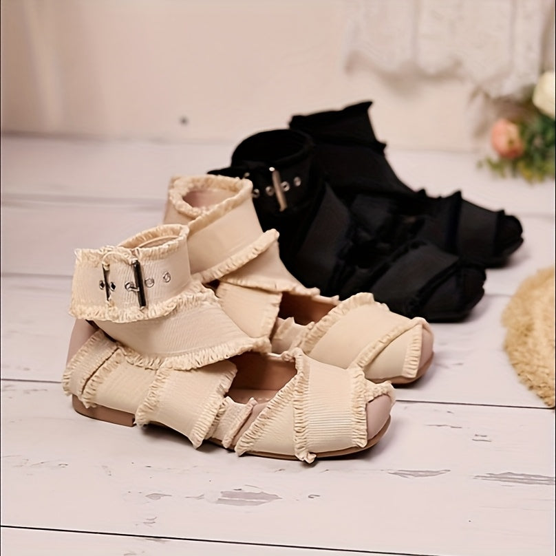 Women's Ankle Boots Black Fabric Square Toe Buckle Closure All-Season