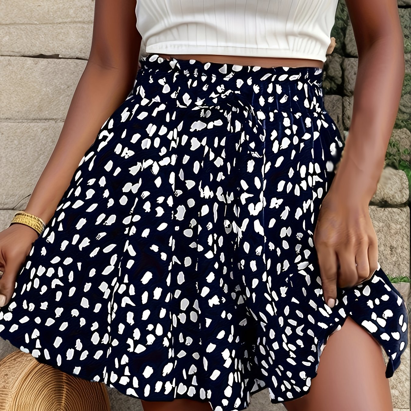 Шорты женские больших размеров с полкадотами, широкие, темно-синий с белым, летние, повседневные, нарядные