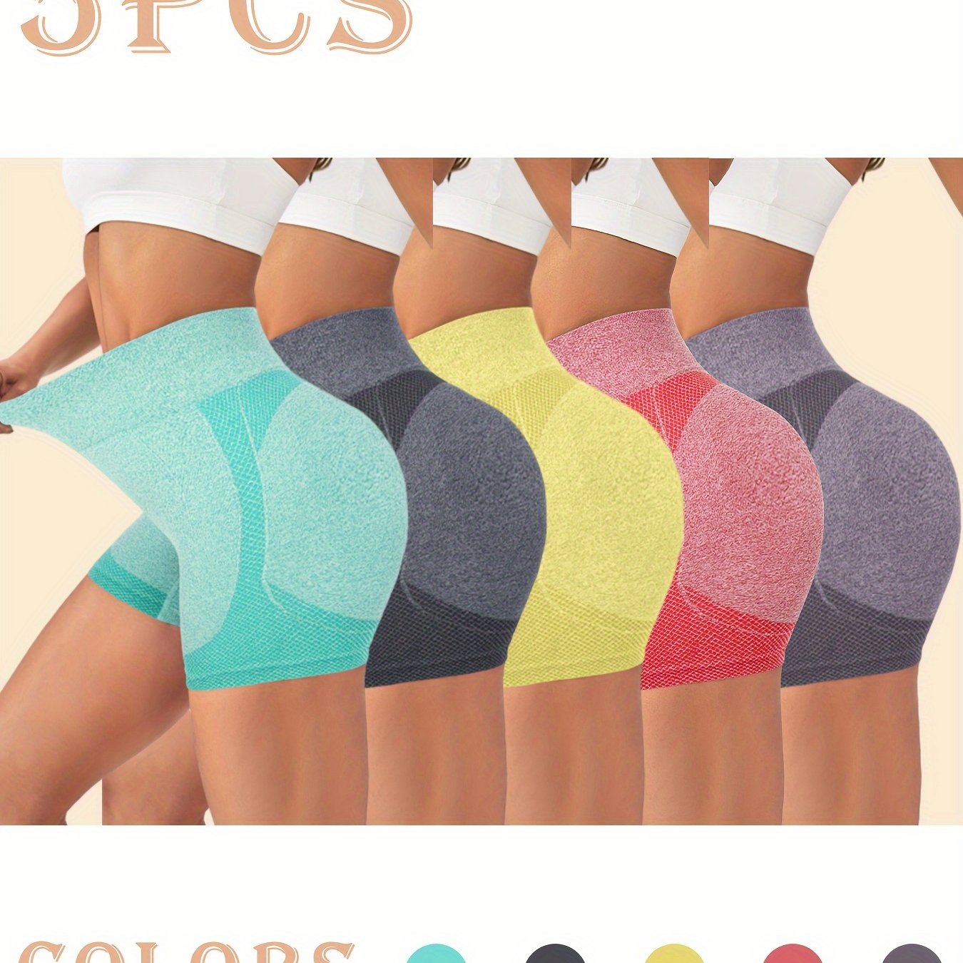 5-Pack Yuqori Bel Hip Ko'taruvchi Yoga Shortlari Ayollar Uchun, Seamless Trikotaj Matolari, O'rtacha Qo'llab-quvvatlash, 60% Polyester, 30% Polyamide, 10% Elastane, Bir Rang, 245gsm - Ichki Kiymlar va Ichki Kiymlar