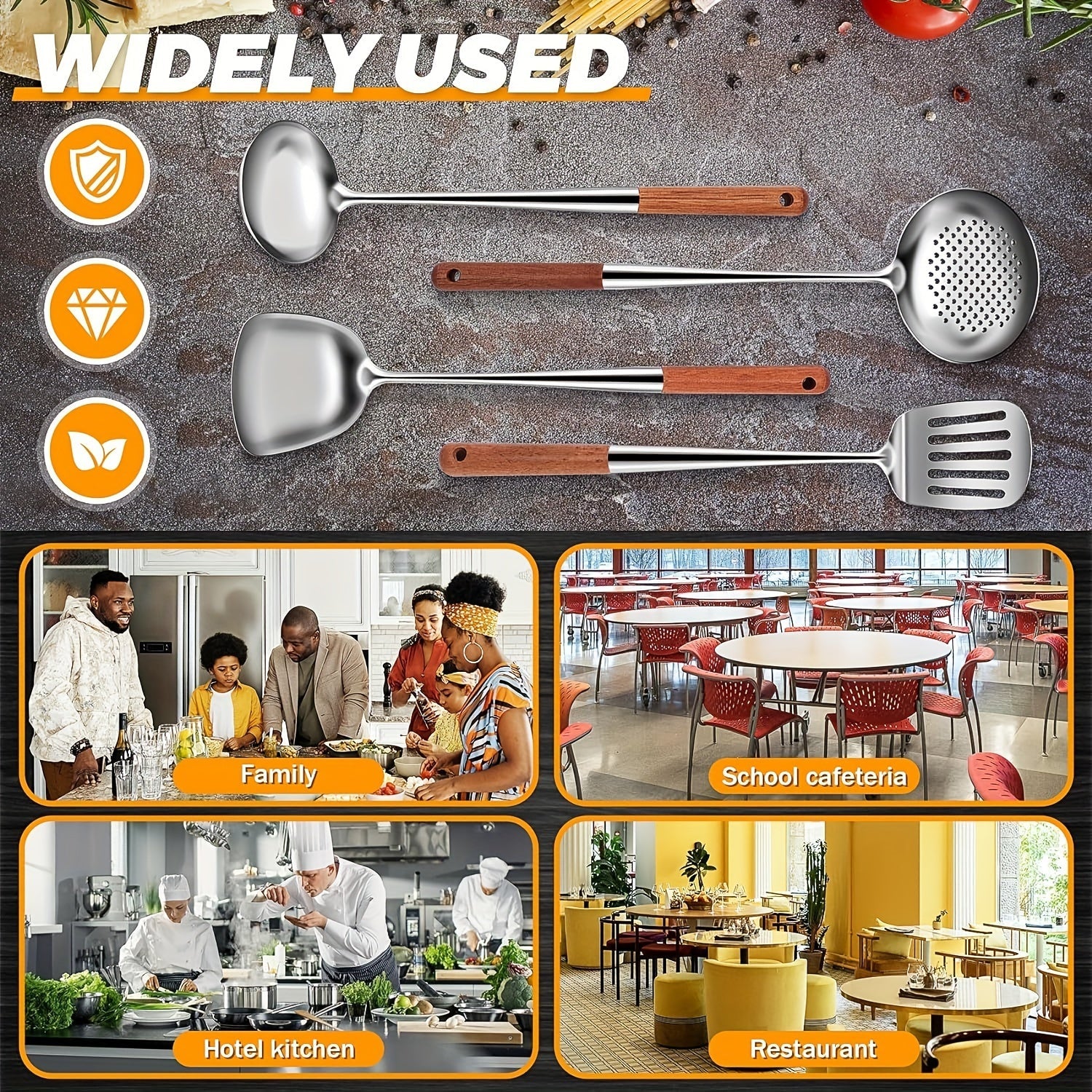 Set of 4 Stainless Steel Wok Utensils with Wooden Handles, 43cm Long, Heat-Resistant