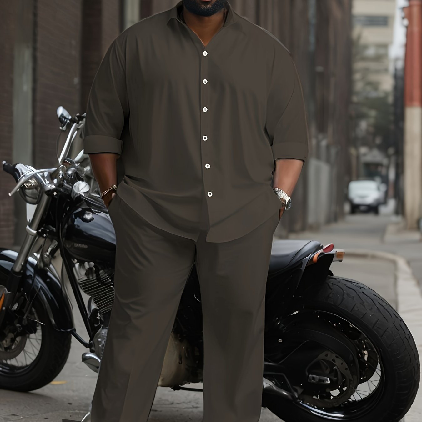 Men's Plus Size Casual Outfit Set Long Sleeve Button-Up Shirt and Pants with Pockets