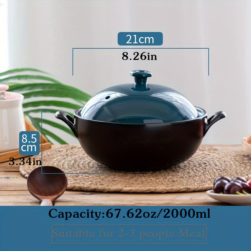 Ceramic Casserole Dish with Blue Lid 2000ml 67oz for High-Temperature Cooking