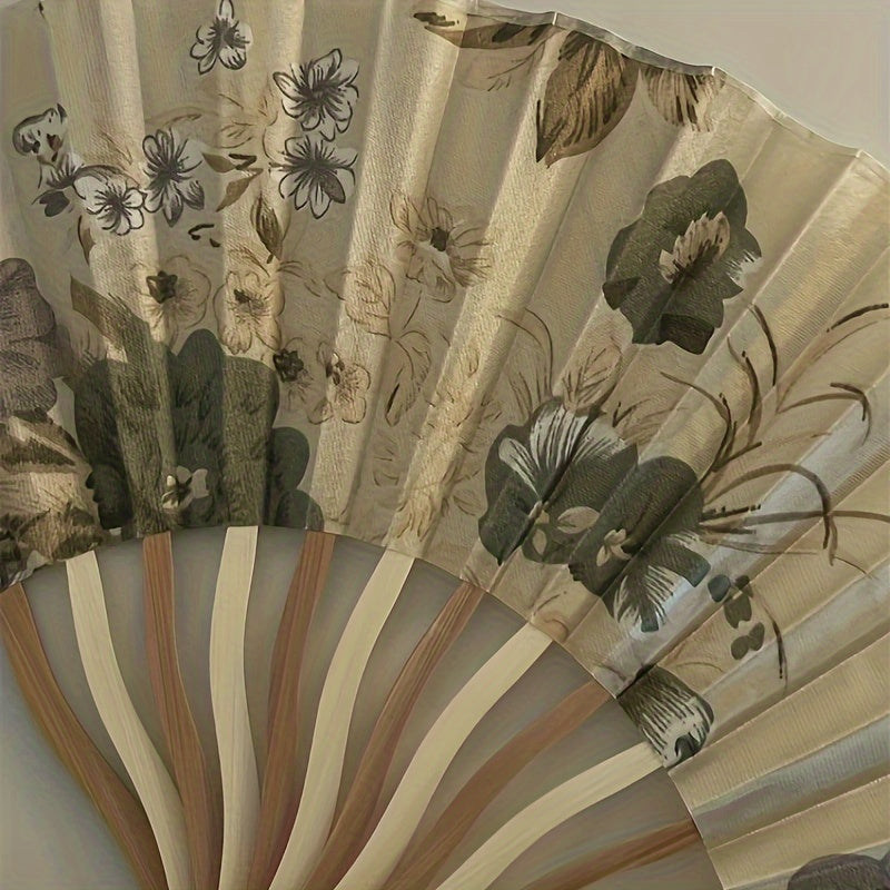 Vintage Style Folding Fan with Traditional Chinese Ink Painting Bamboo Fabric Floral Pattern Tassel