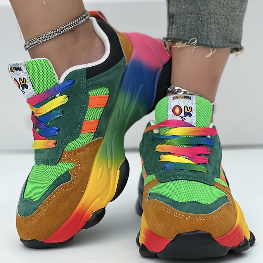 Women's Breathable Lace-Up Sneakers with Tie-Dye Design, Non-Slip Rubber Sole