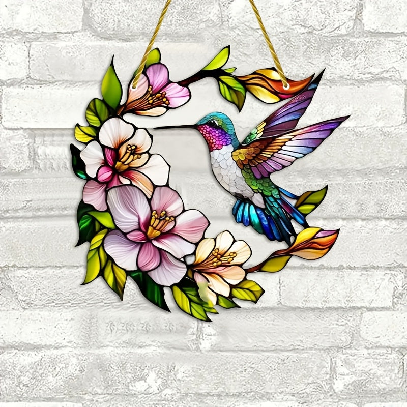 Colorful Spring Wall Decor Hummingbird and Floral Acrylic Window Hanging for Porch or Wall