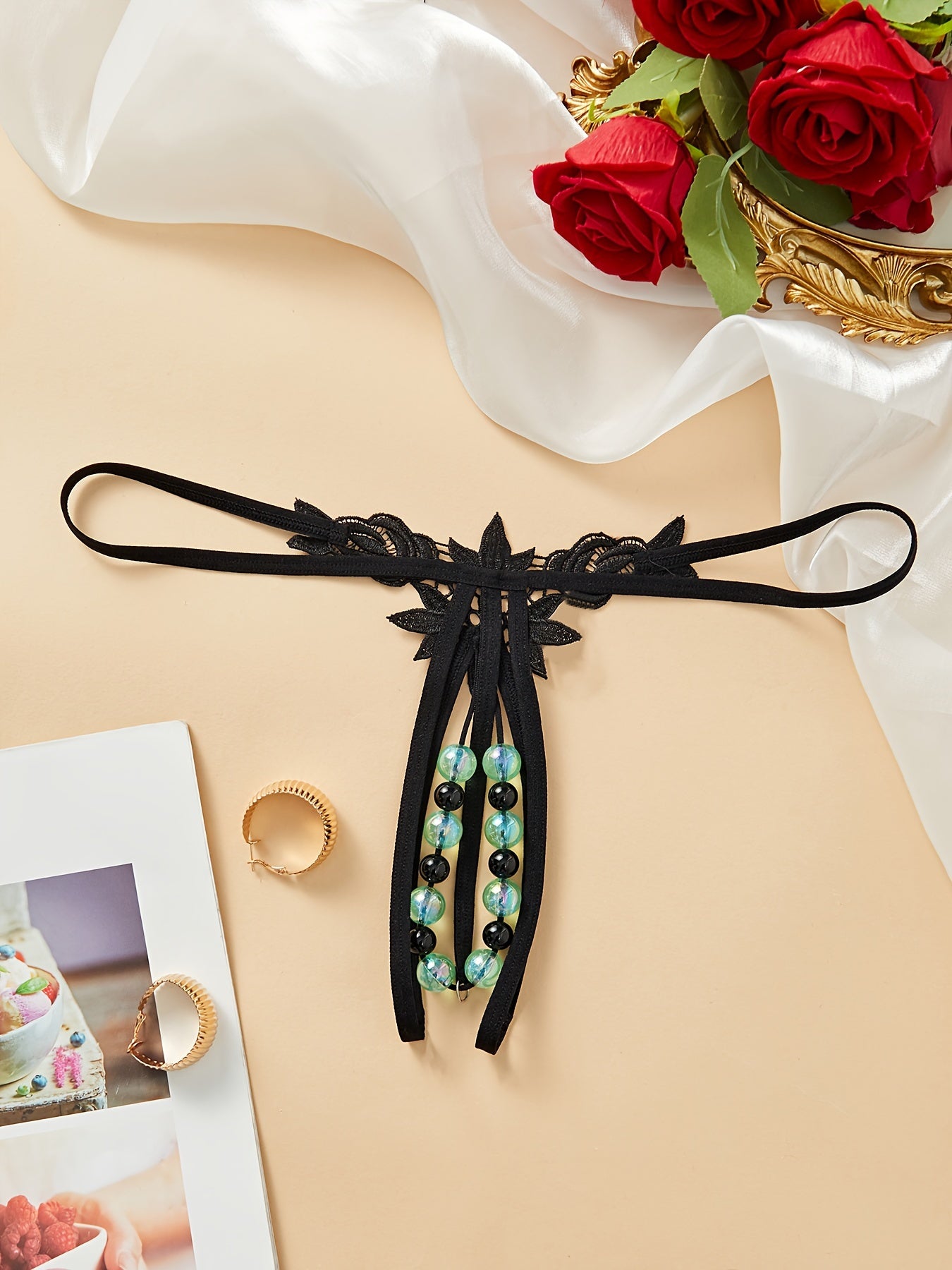 Adult Beaded G-String with Drop Waist Polyester Nylon Blend Lingerie