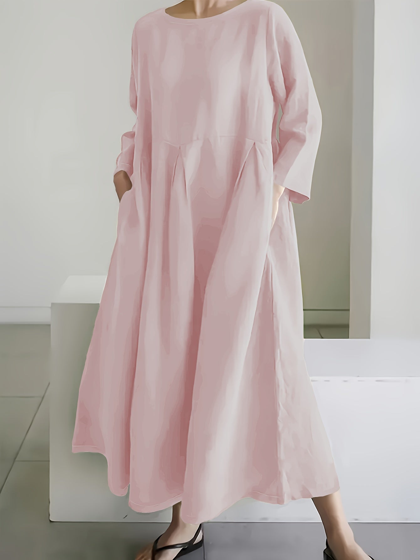 Vintage Linen Night Dress for Women Solid Color Crew Neck Long Sleeve Pockets Ruffle Hem Loose Fit