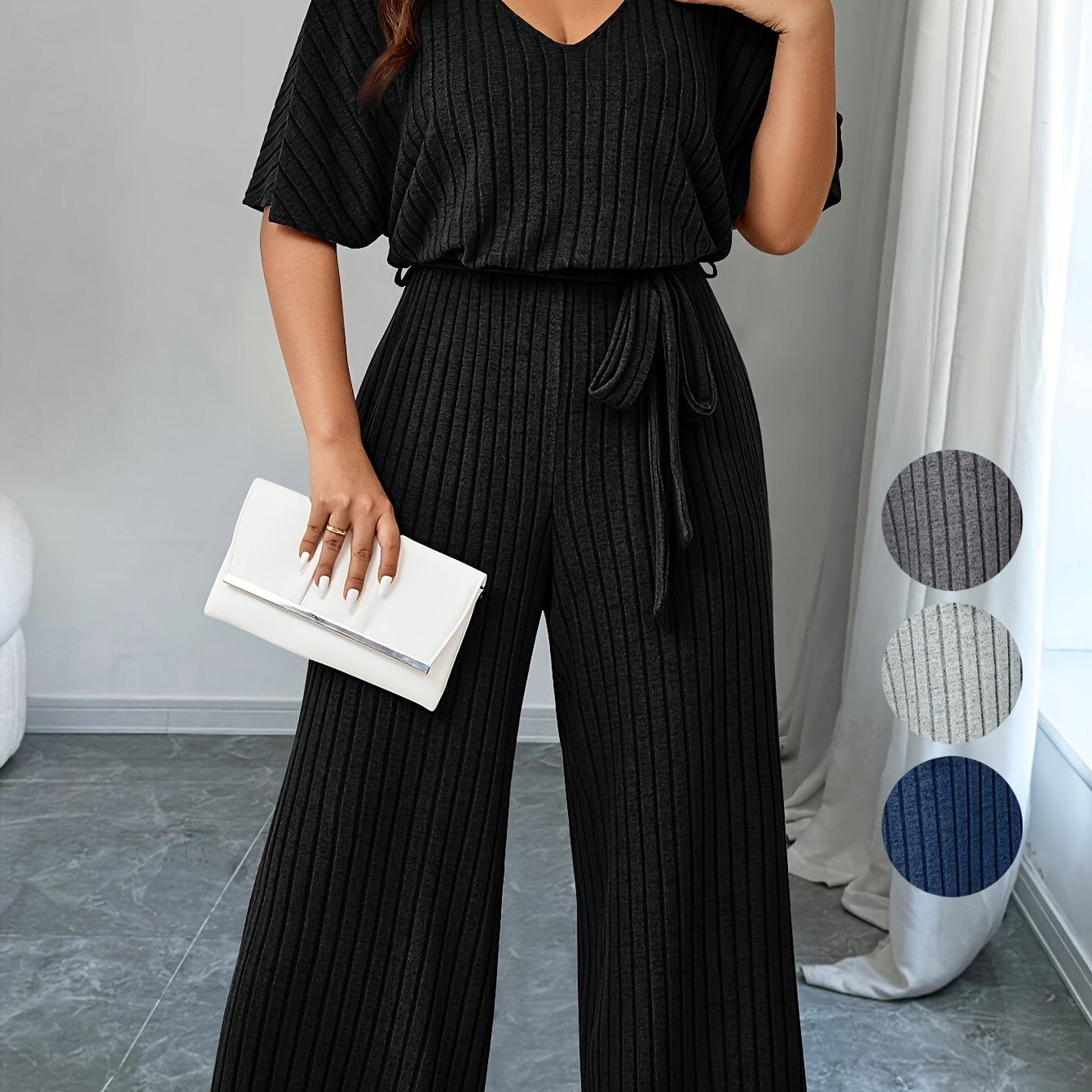 Plus Size Ribbed Wide Leg Jumpsuit Casual Belted Short Sleeve V Neck
