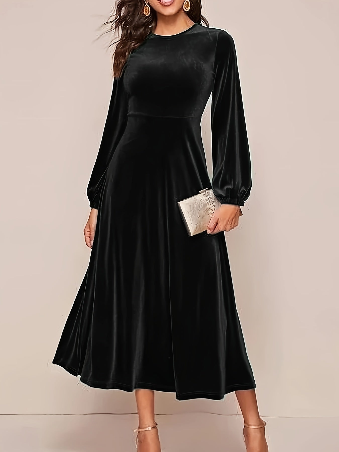 Black Velvet A-Line Dress with Flared Sleeves Crew Neck Long Sleeve Polyester Knit for Women