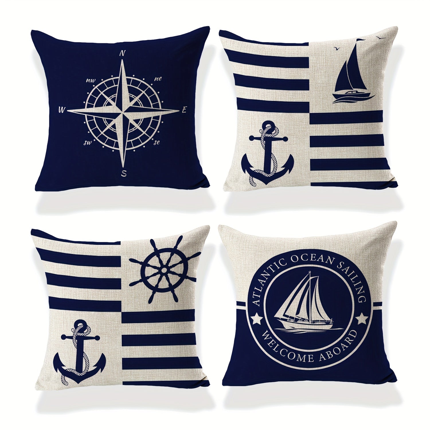 Set of 4 Nautical Polyester Linen Pillowcases Blue Sailboats Anchors Compasses 18x18 Inches