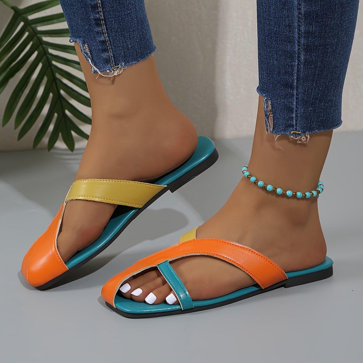 Women's Colorblock Slip-On Slides, Lightweight Casual Beach Sandals