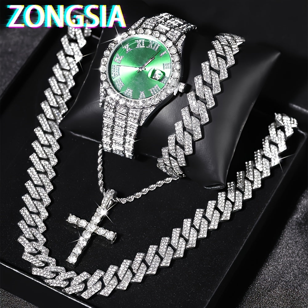 Men's Watch and Jewelry Set with Cuban Chain Necklace and Bracelet