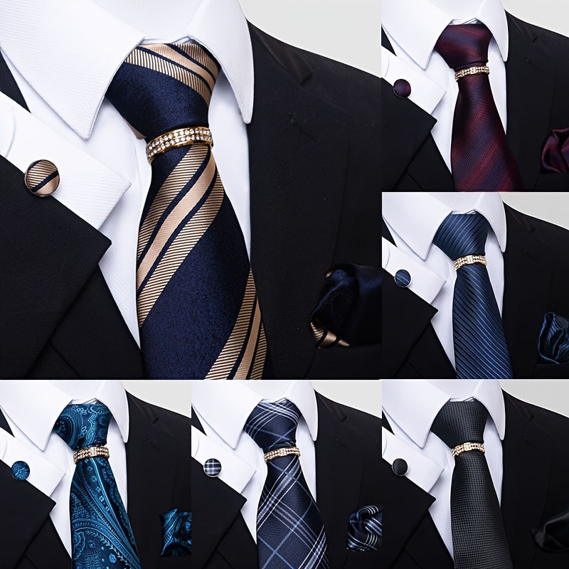Men's Formal Business and Wedding Attire Set with Striped Floral Tie Pocket Square Cufflinks and Ring