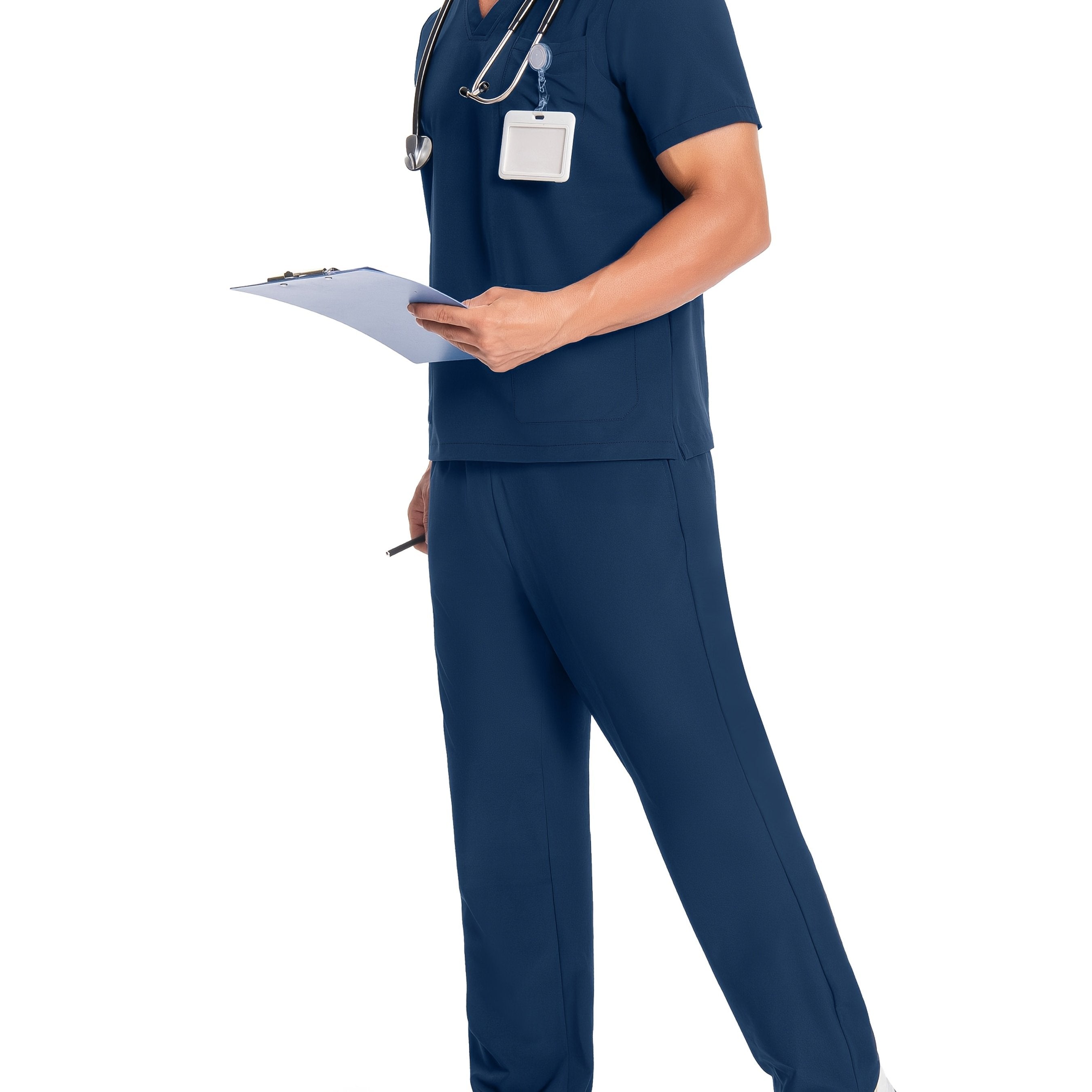 Men's Breathable Polyester Workwear Set V-Neck Top and Pants with Pockets for Pet Grooming and Lab Coats