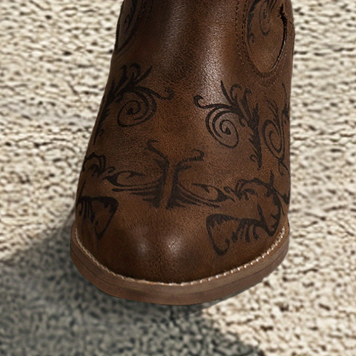 Women's Brown Laser-Cut Floral Mid-Calf Boots with Wooden Heel