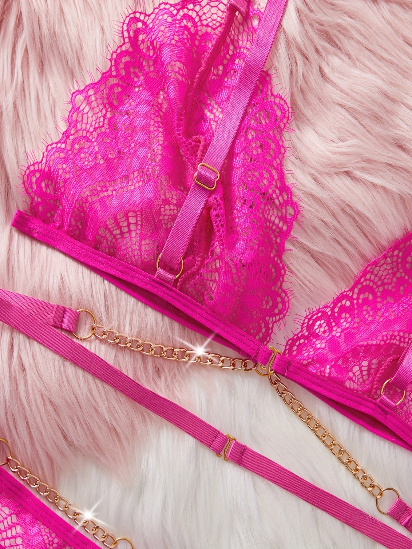 Women's Lace Lingerie Set with Pink and Blue Sheer Nylon and Metal Chain Details