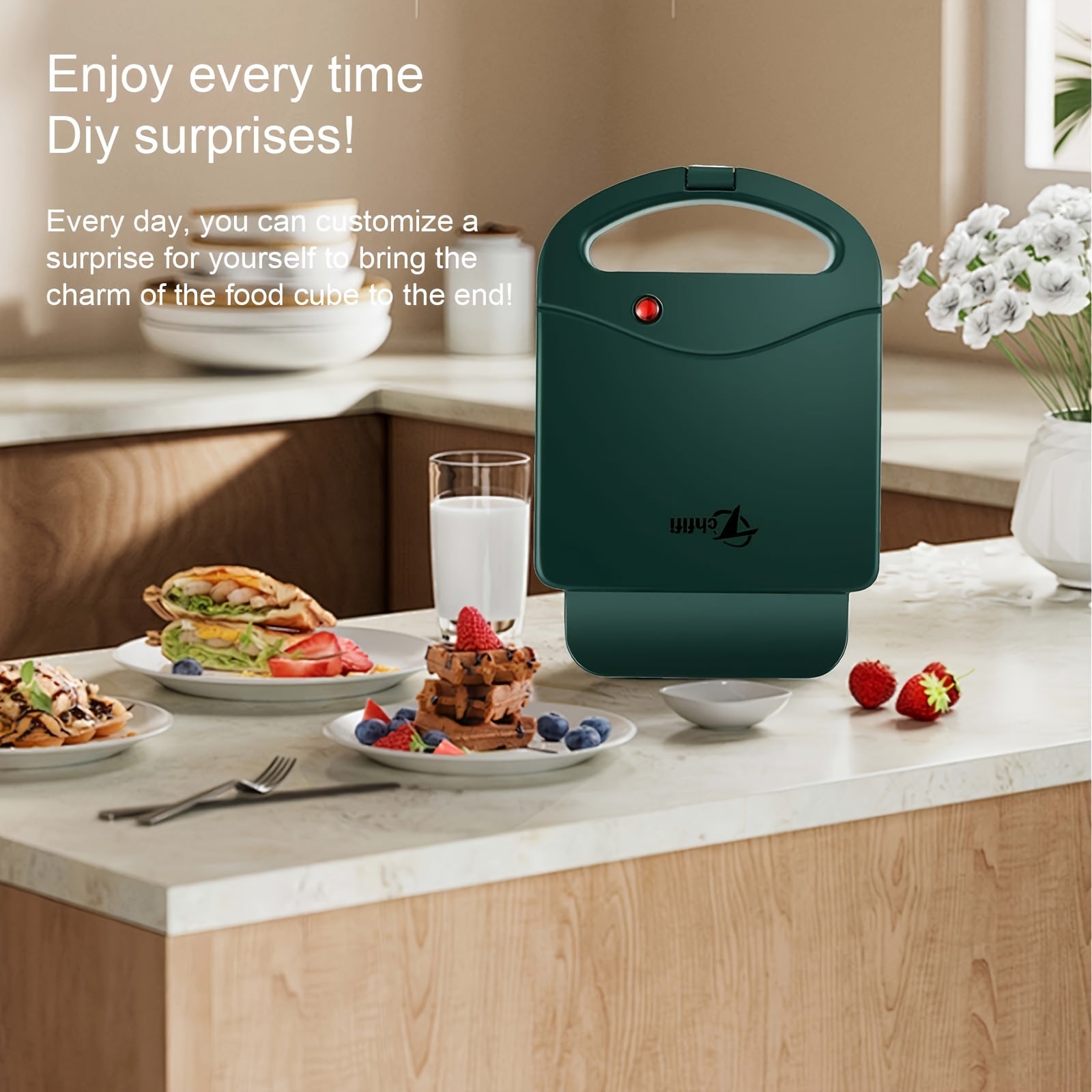 Compact 1000W Sandwich Maker Dual-Sided Heating for Home Use Teal Red Indicator