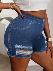Plus Size Fitted Shorts Imitation Denim Distressed Faux Denim Casual