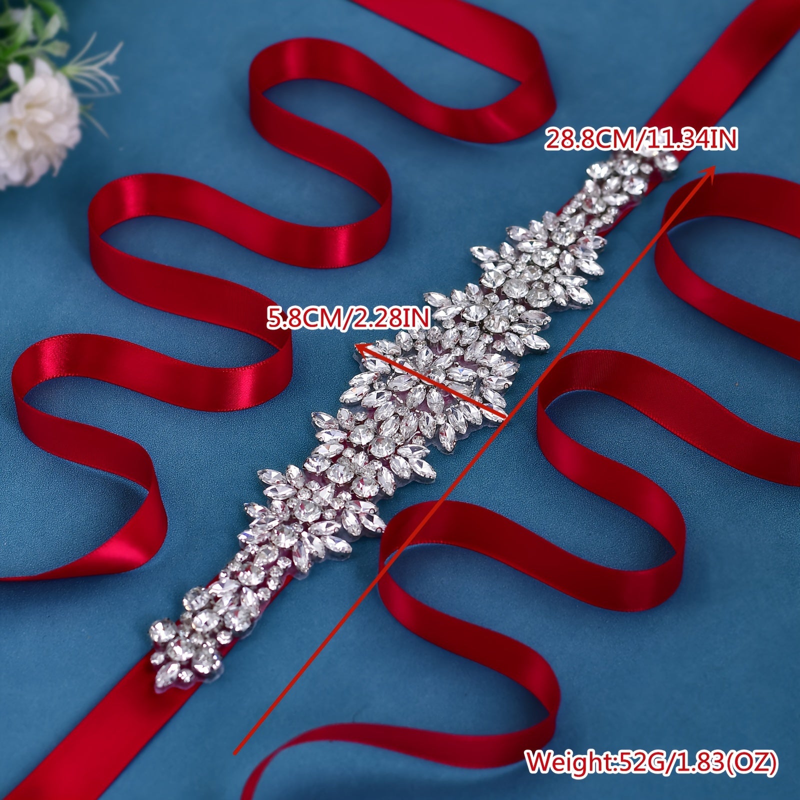 Wedding Dress Belt with Shiny Silver Stones and Red Ribbon for Bridal Evening
