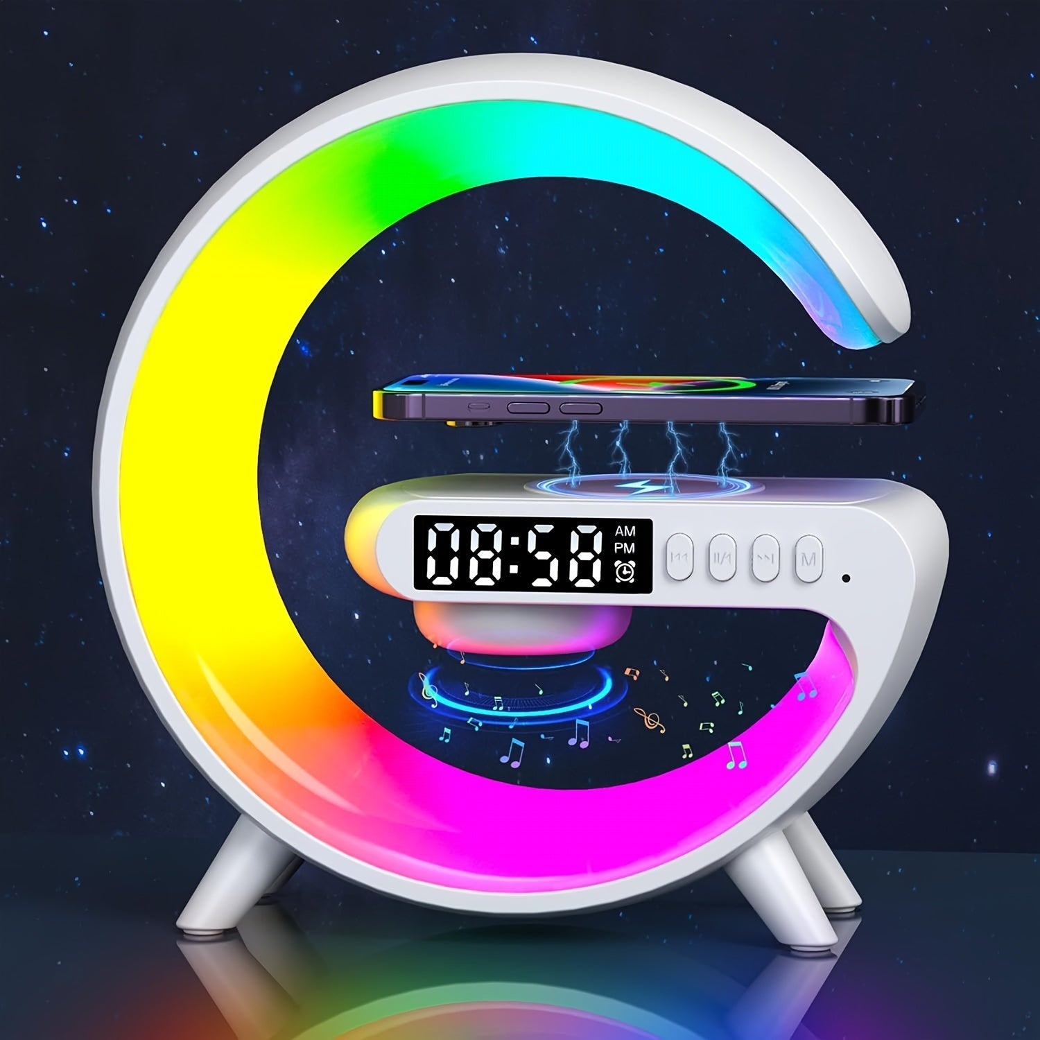 Multifunctional Alarm Clock with Sunrise Light Wireless Charging Bluetooth Speaker and Timer