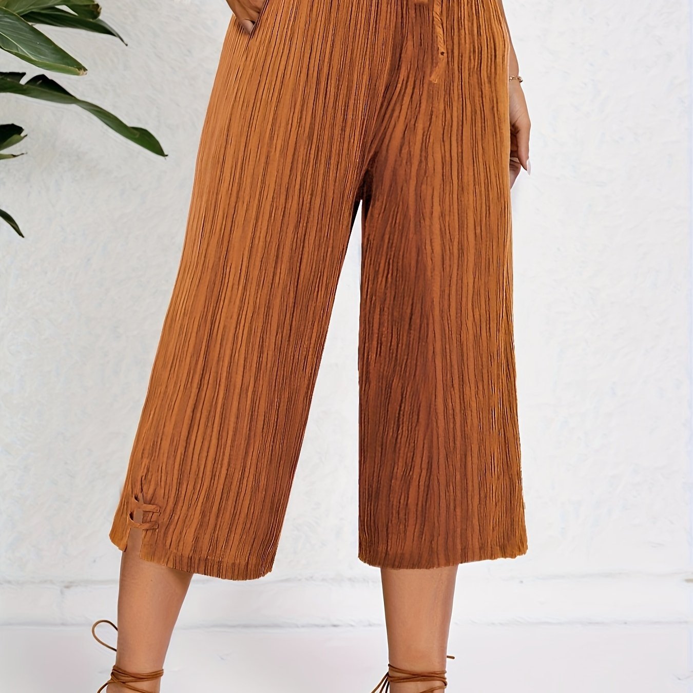 Plus Size Women's Wide Leg Pants with Pleated Stripe and Side Slit