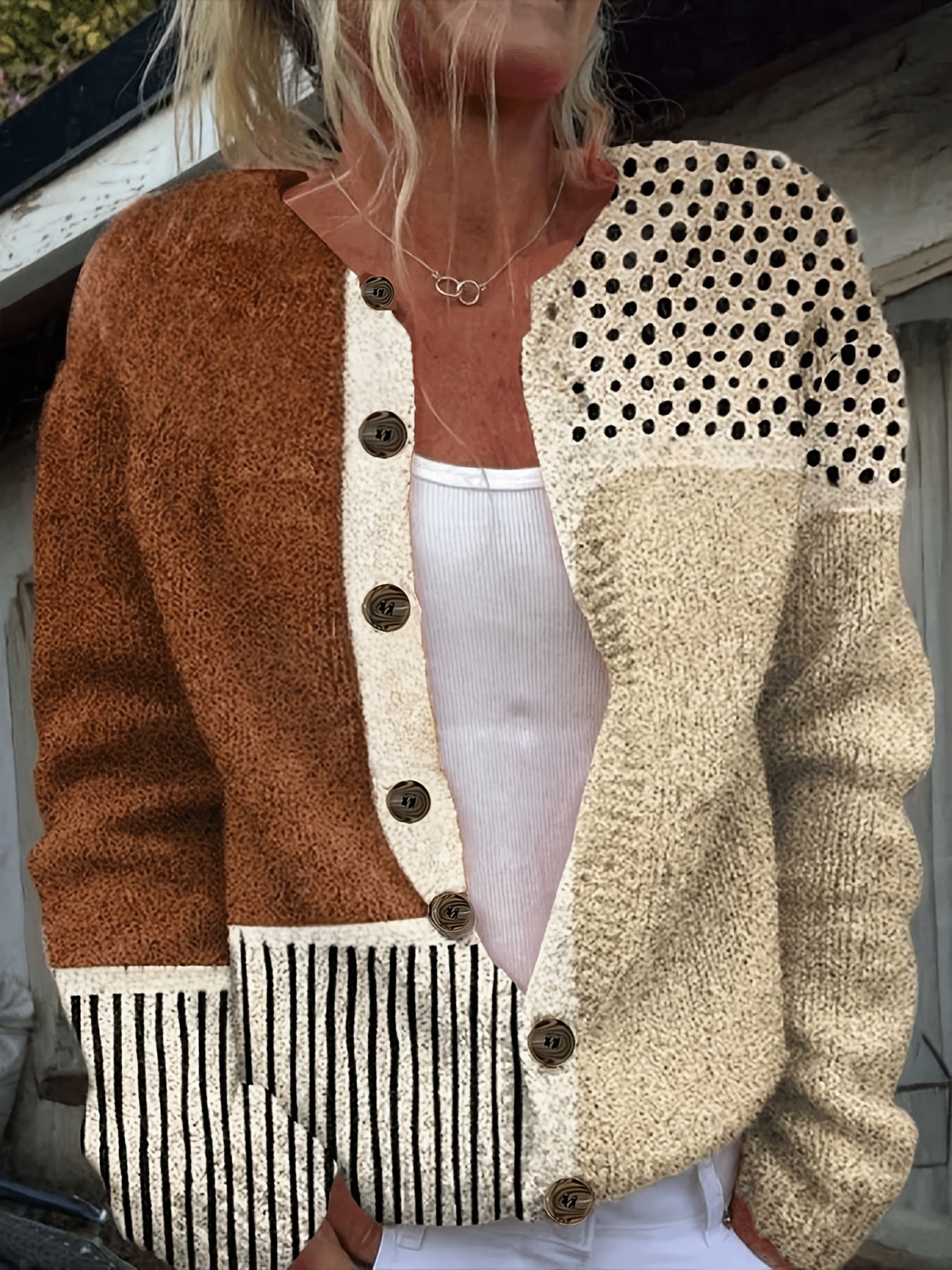 Plus-Size Women's Lightweight Cardigan Spring Autumn Open Front Sweater Brown White Beige