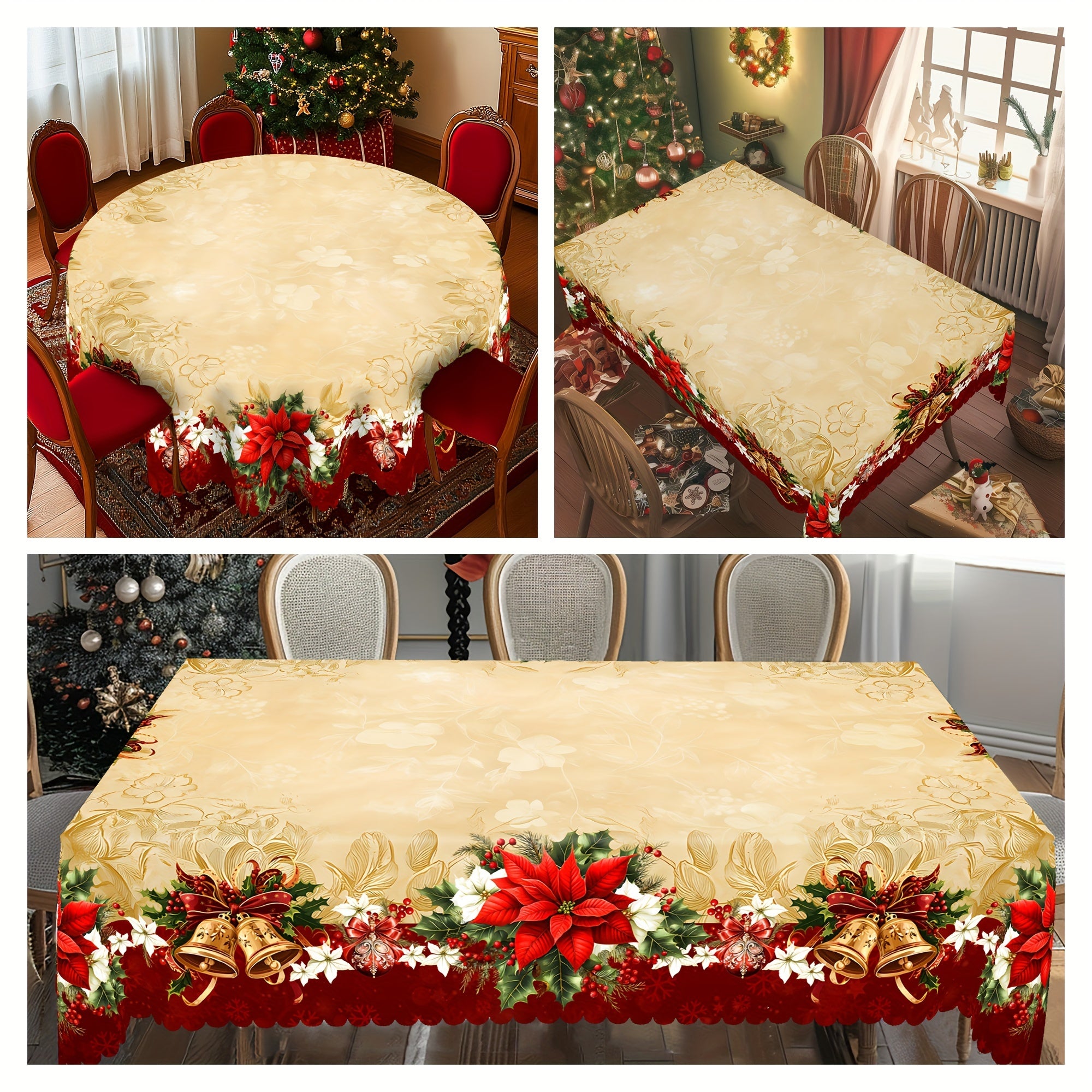 Round Polyester Tablecloth Set with Vintage Floral and Bell Patterns Water Resistant Wrinkle-Free for Indoor Outdoor Dining
