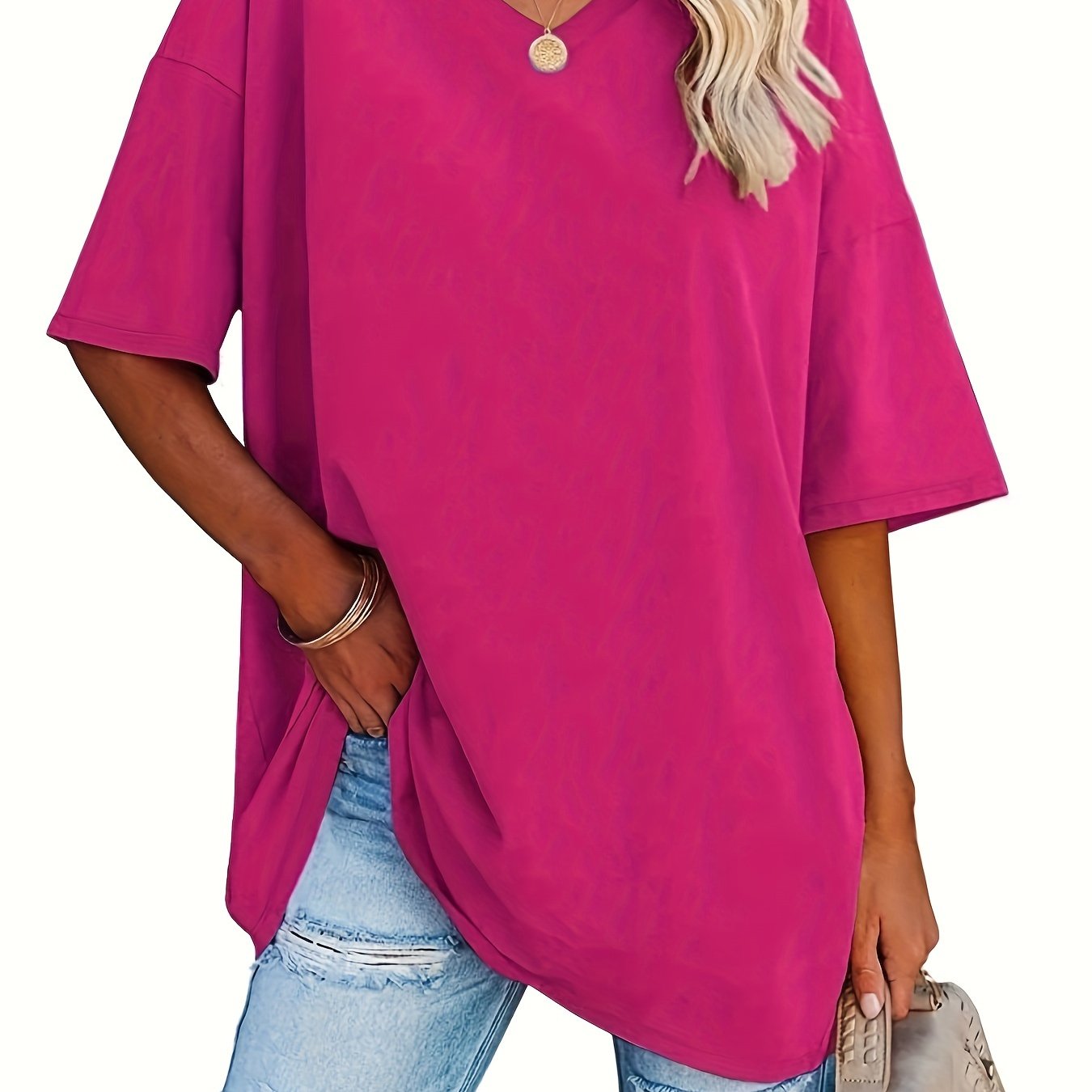 Women's V-Neck Loose Fit Blouse Solid Color Spring Summer Casual Formal