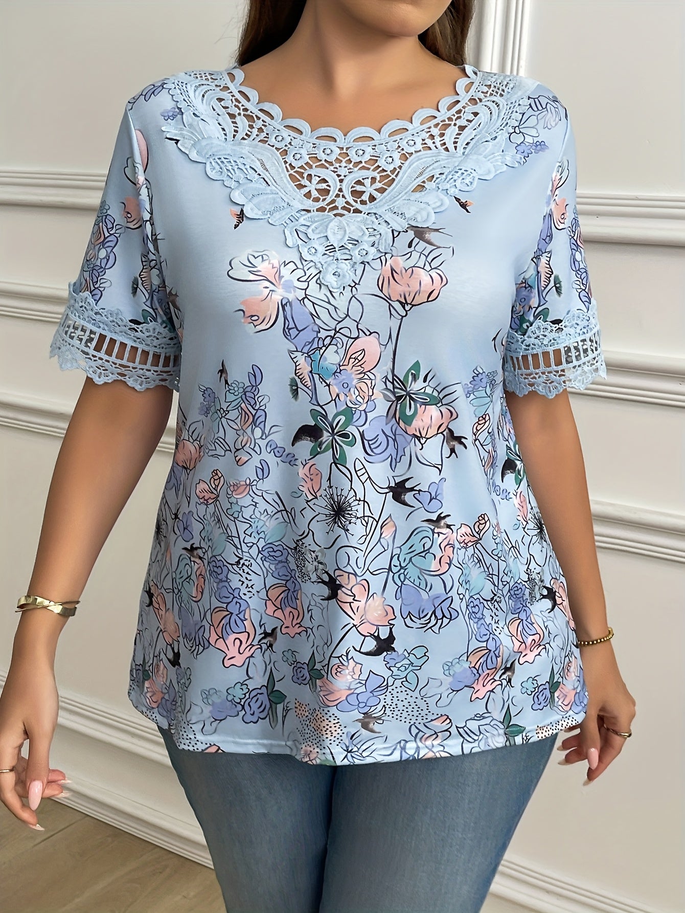 Women's Plus Size Short Sleeve T-Shirt Floral 3D Lace Contrast Collar