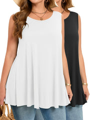 Plus Size Two-Piece Set Sleeveless Tank Top Solid Color Stretchy Casual