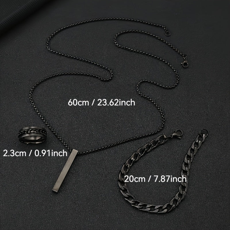 Men's Stainless Steel Jewelry Set Black Geometric Pendant Necklace Bracelet Ring for Valentine's Day