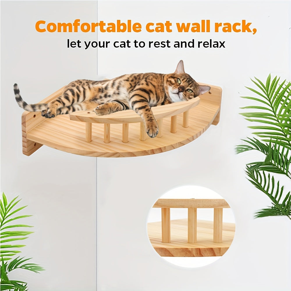 Wall-Mounted Cat Perch Made of Solid Wood for Climbing and Lounging