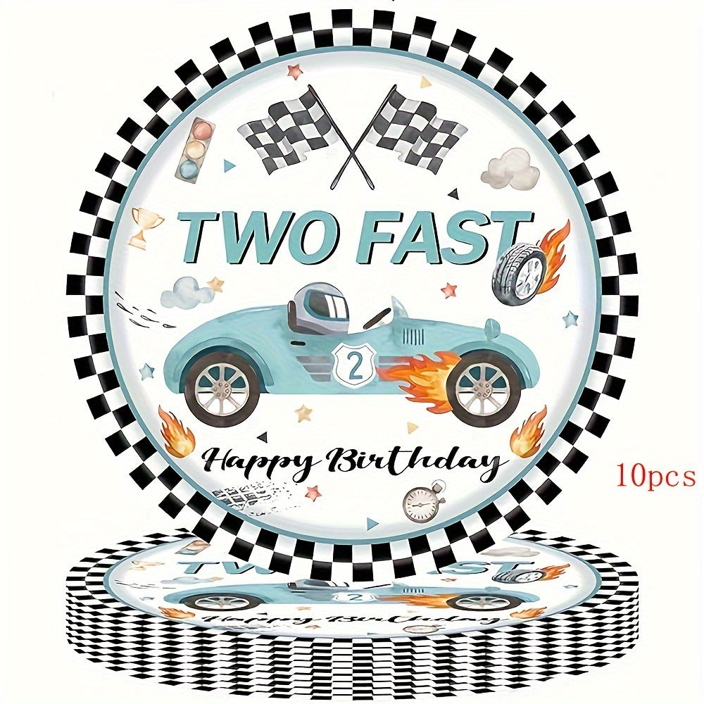 Set of 10 Birthday Party Plates Cups Napkins Paper Dinnerware Blue Race Car Checkered Flag for 2nd Birthdays Tailgate Celebrations