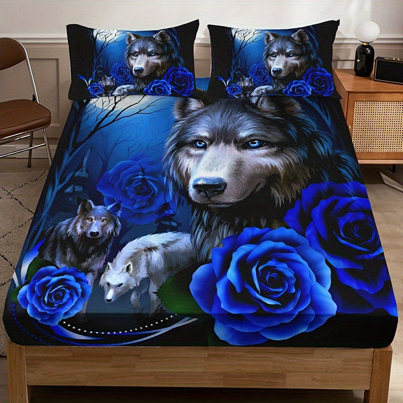 Conjunto de ropa de cama de lobo místico y rosa azul con sábana ajustable y fundas de almohada, impresión digital para todas las estaciones