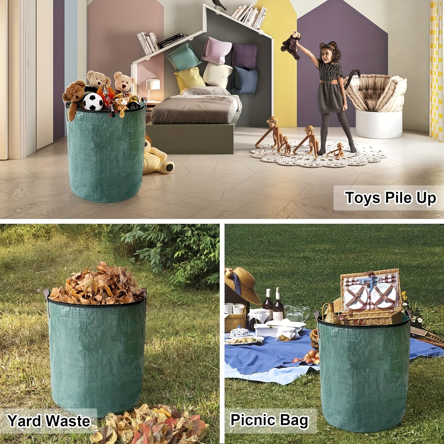 Waterproof Garden Waste Bag 272L with Lid Handles Foldable Green