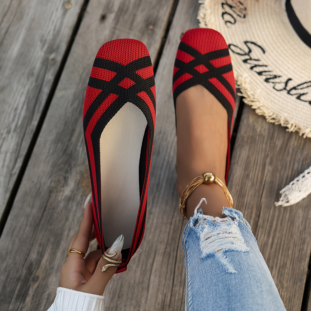 Women's Breathable Non-Slip Ballet Flats with Square Toe and Cross Strap Black White