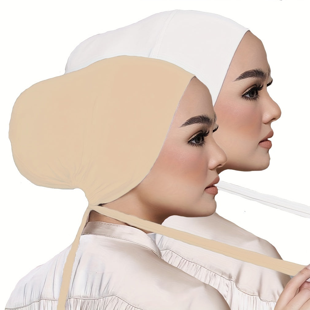 Set of 2 Solid Color Tied Back Undercaps with Elastic Inner Hijab Caps for Women