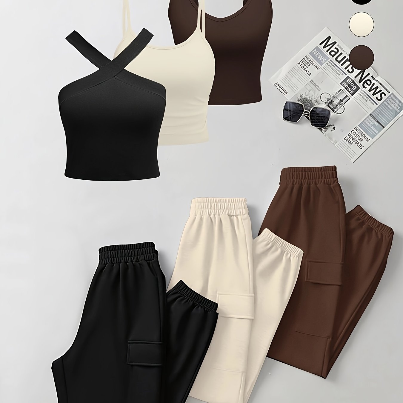 Women's Knit Set 6 Pieces Casual Spring Summer Polyester Blend Crew Neck with Pocket Elastic Waist